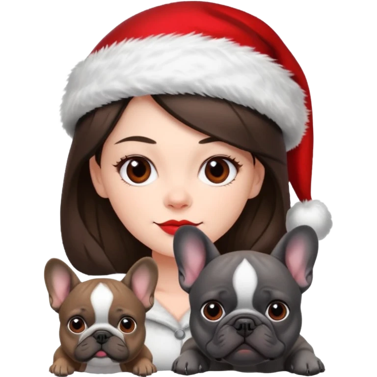 brunette woman with a dark grey French bulldog both wearing Santa emoji