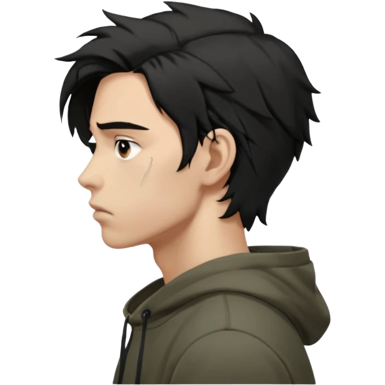A dark anime-style illustration of a young man in side profile, facing left, with messy black hair tied loosely, sharp jawline and tired eyes. He wears an oversized dark hoodie with muted earthy tones. His expression is calm but emotionally heavy, showing silent pain and inner conflict.

 emoji