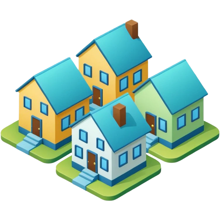 group of 3 houses representing neighborhood isometric houses on transparent background similar in style to the iphone icons houses should be colored in blue and green details emoji
