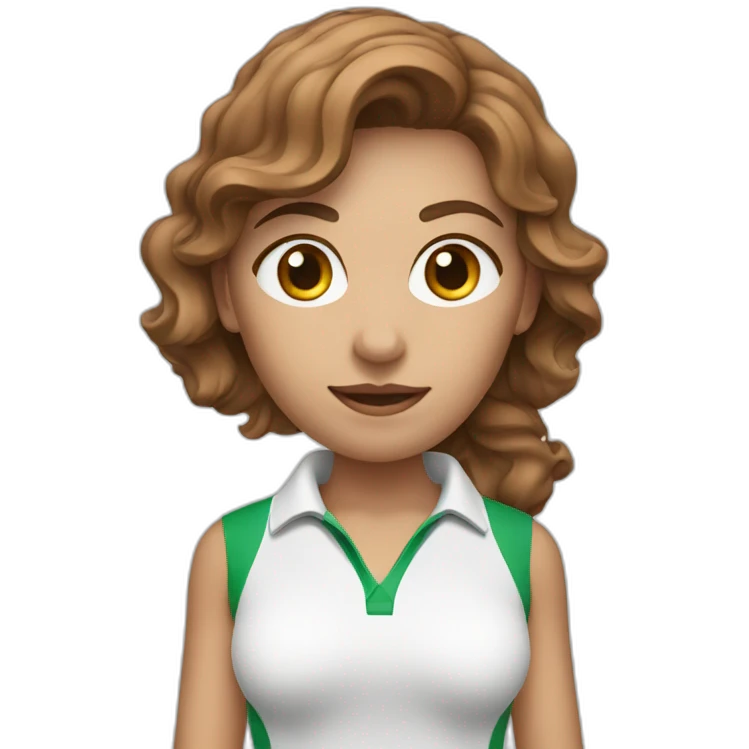 female with brown wavy hair dressed in golfwear holding golf ball emoji