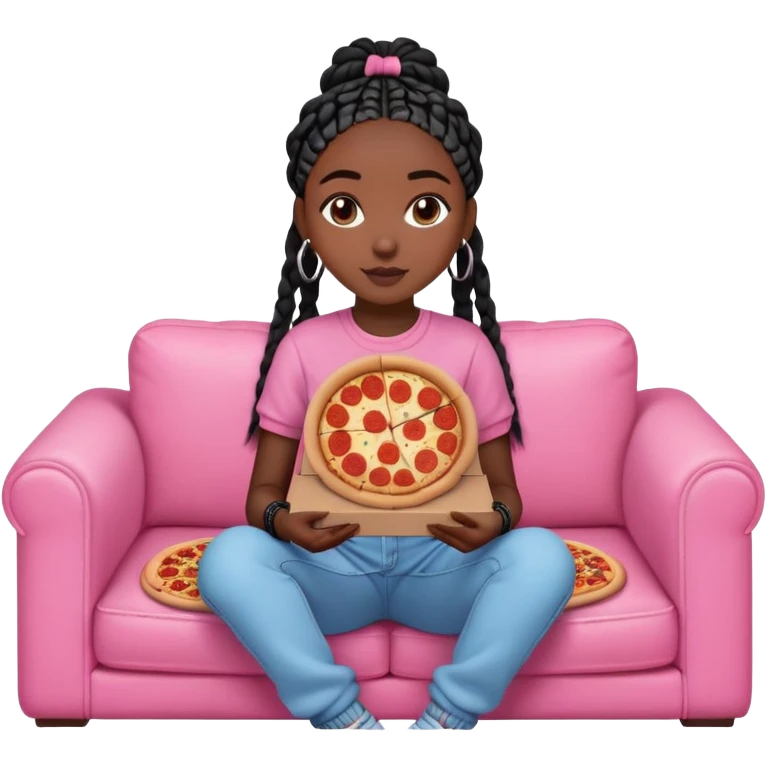 A dark skinned black girl with black box braids with a pizza box, on a pink couch in comfy outfit emoji