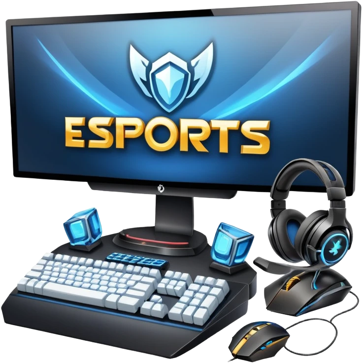 An icon featuring a gaming setup with a high-tech monitor displaying a competitive game, a keyboard, and a gaming mouse. The design includes a headset and a trophy, symbolizing victory and skill in esports. Transparent background highlights the energy and precision of professional gaming. emoji