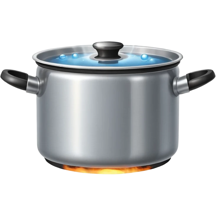 small metal pot filled with boiling water on a stove, visible hot steam and rising bubbles, realistic heat effect, shiny pot surface, bright lighting, clean white background emoji