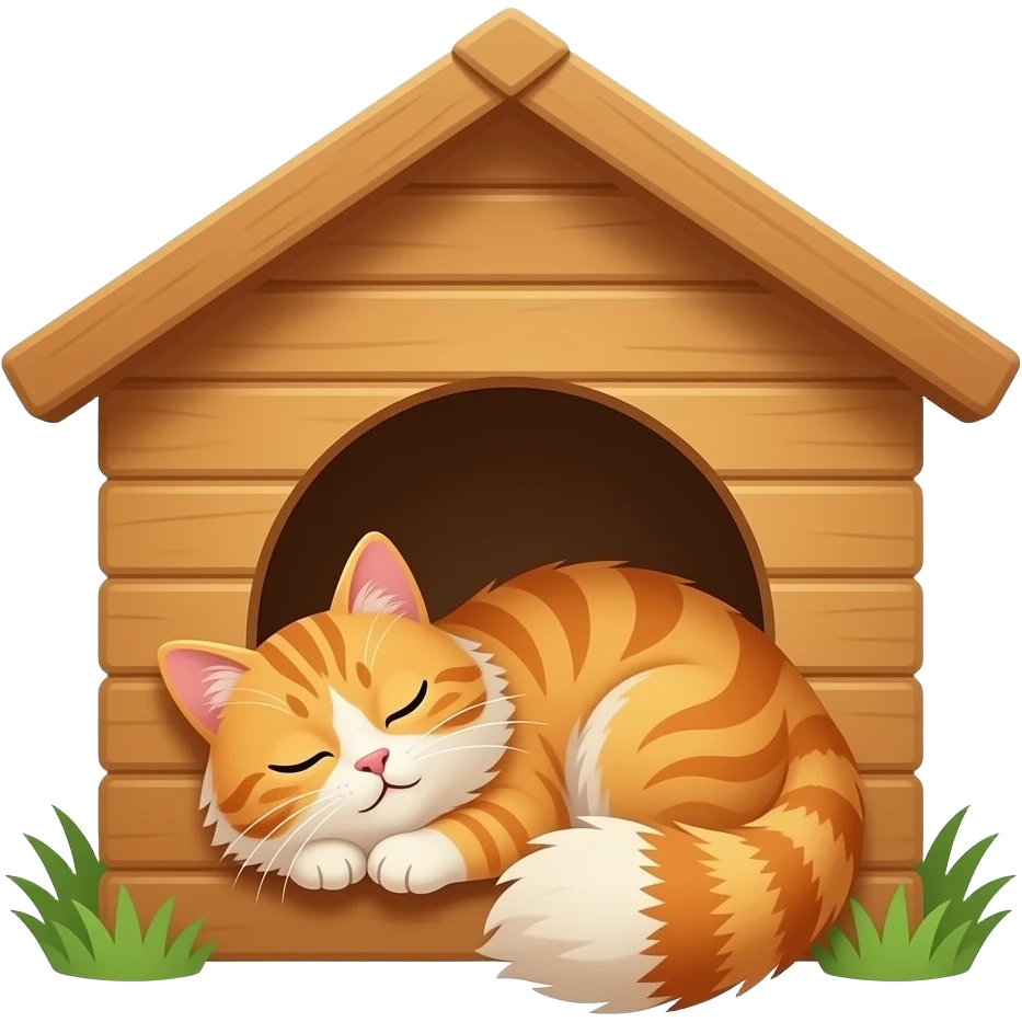 A fluffy long-hair orange tabby cat is peacefully dozing inside a small wooden outdoor cat house, with just its head poking out of the entry hole, eyes closed in contentment. emoji