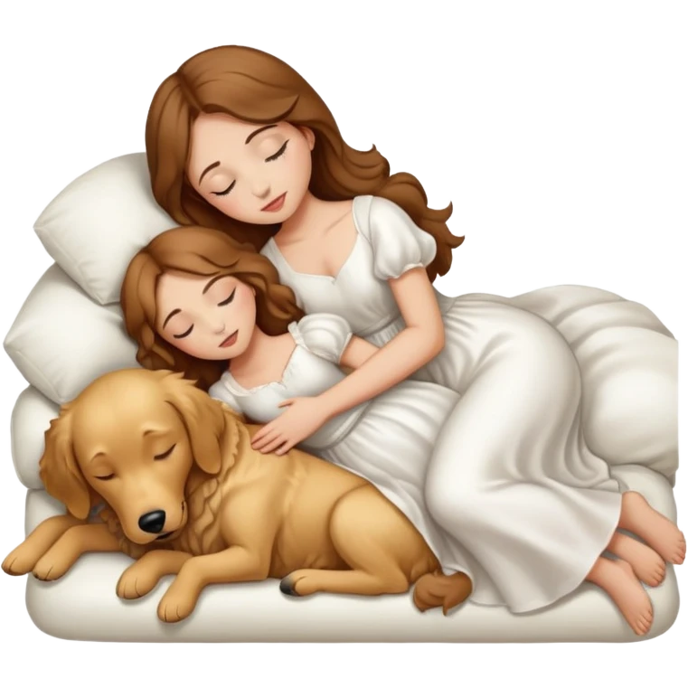 a girl with brown hair, light skin, and wear a white dress sleep on a golden retriever dog emoji