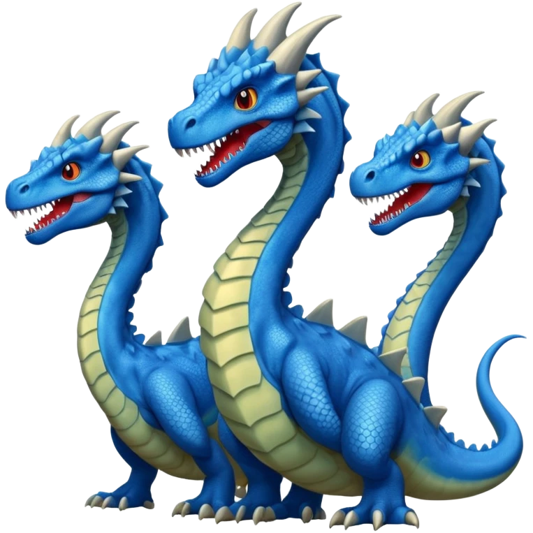 blue hydra, strong reptilian body, like a dinosaure, not like a snake, dragon characteristics,  with 3 heads rising from its neck emoji