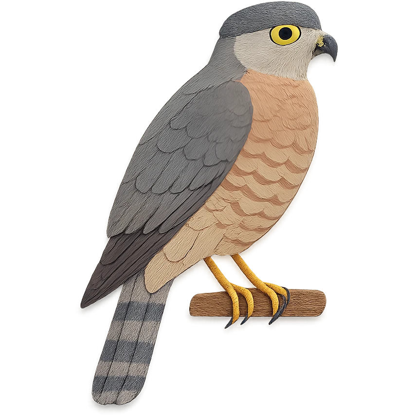 Cooper’s Hawk sitting on a branch, delicate paper layers, realistic feather patterns, subtle color variations, alert posture emoji