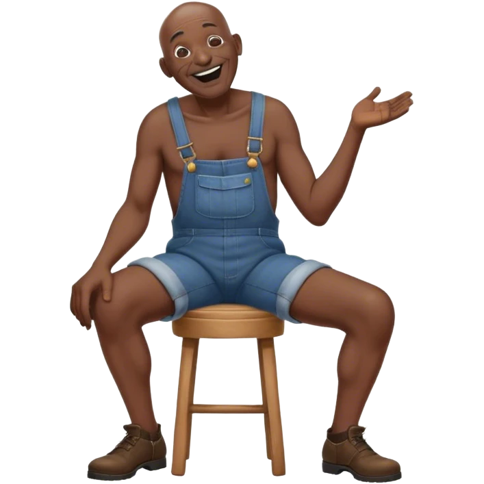 Side view Laughing telling story Old bald blind black man sitting on stool wearing overalls no shirt emoji