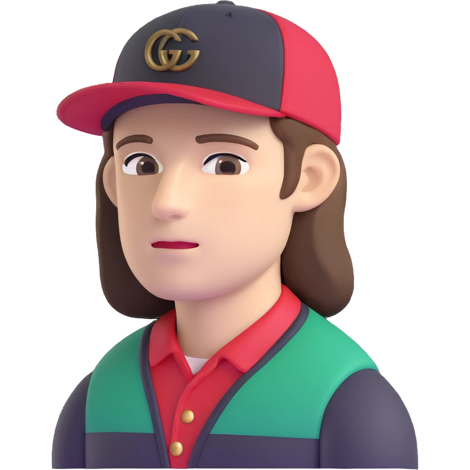 man with medium-length brown hair, Gucci cap emoji