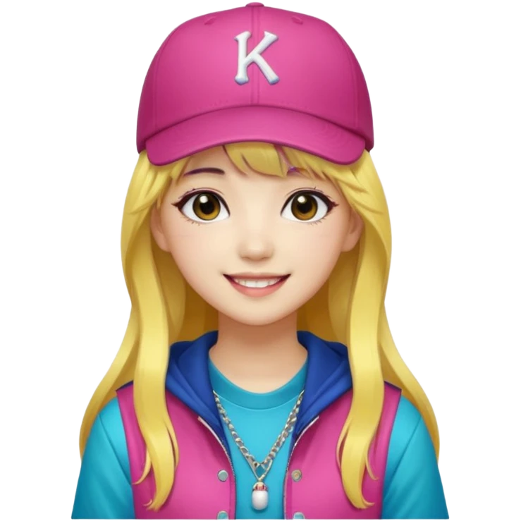 Portrait of a female K-pop idol, wearing a stylish streetwear outfit with layered colorful clothing, long hair with bangs, makeup,  emoji