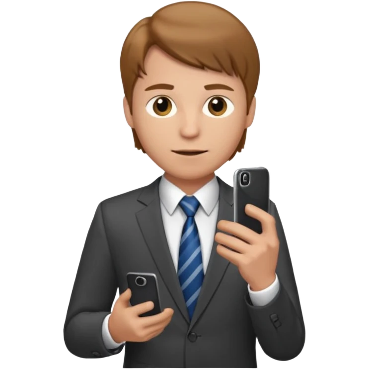 Un hombre con poca barba,  de traje con tez clara pelo color castaño, vestido con traje camisa y corbata y celular en mano .  emoji