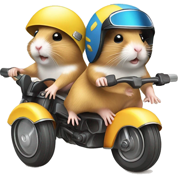 Two hamsters in swimwear and sun hat driving motorbike emoji