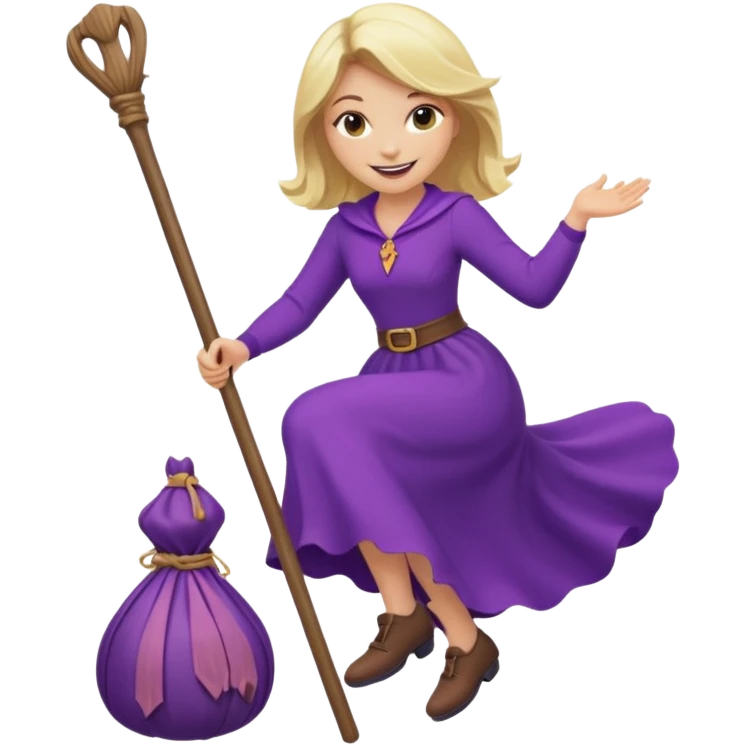 אשה בלונדינית רוכבת על מקל  של מטאטא סגול emoji
