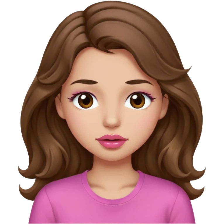 girl with long wavy brown hair, brown eyes, light to medium complexion, in a pink shirt, pink lips, long lashes, puckering lips kissing, winking with one eye closed emoji