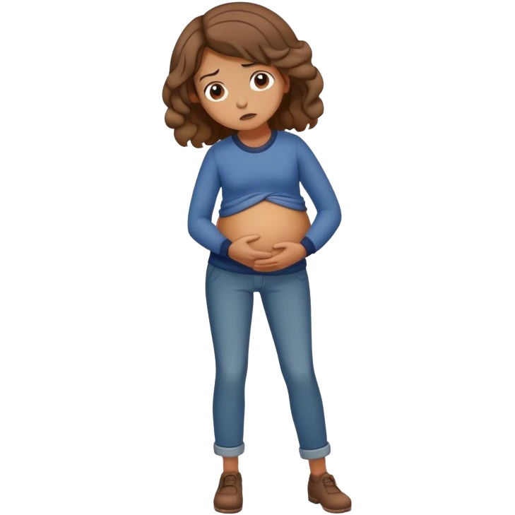Girl with curled brown medium length hair with stomach ache full body and dully clothed emoji