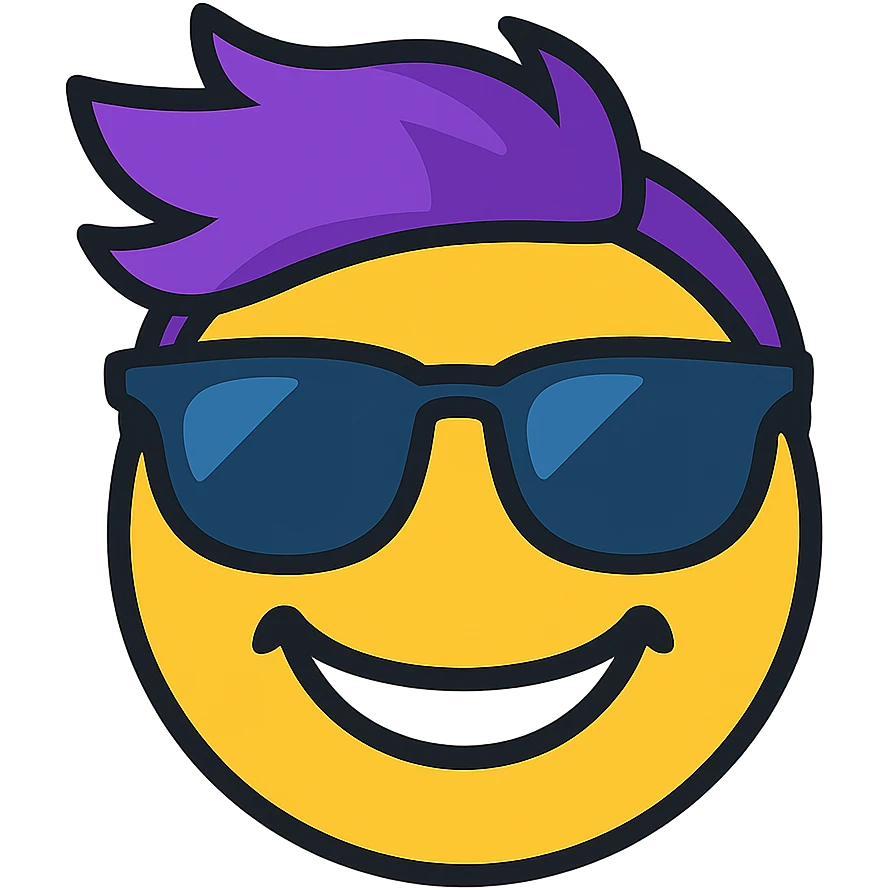 Edit the emoji to have more vibrant colors, add cool sunglasses as an accessory, and give a big cheerful smile. The style should be minimalistic with bold lines, bright colors, and playful, resembling an emoji style with no background. emoji