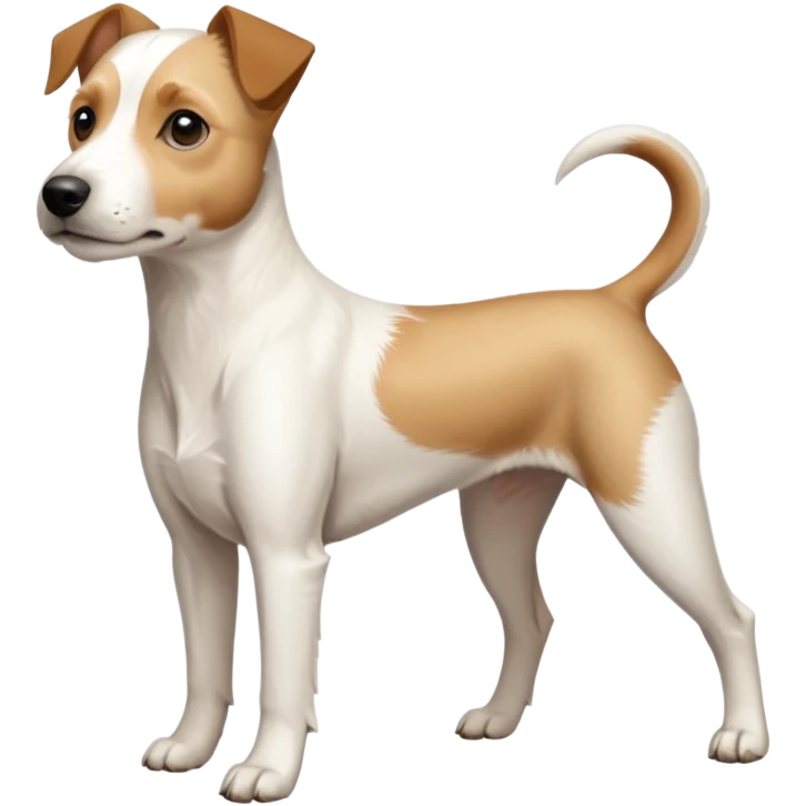a full body buff white parson russell terrier looking dog the size of a kelpie with light brown long ears and a light brown patch on one eye and a large snout. the rest of the dog is completely white. forward facing emoji