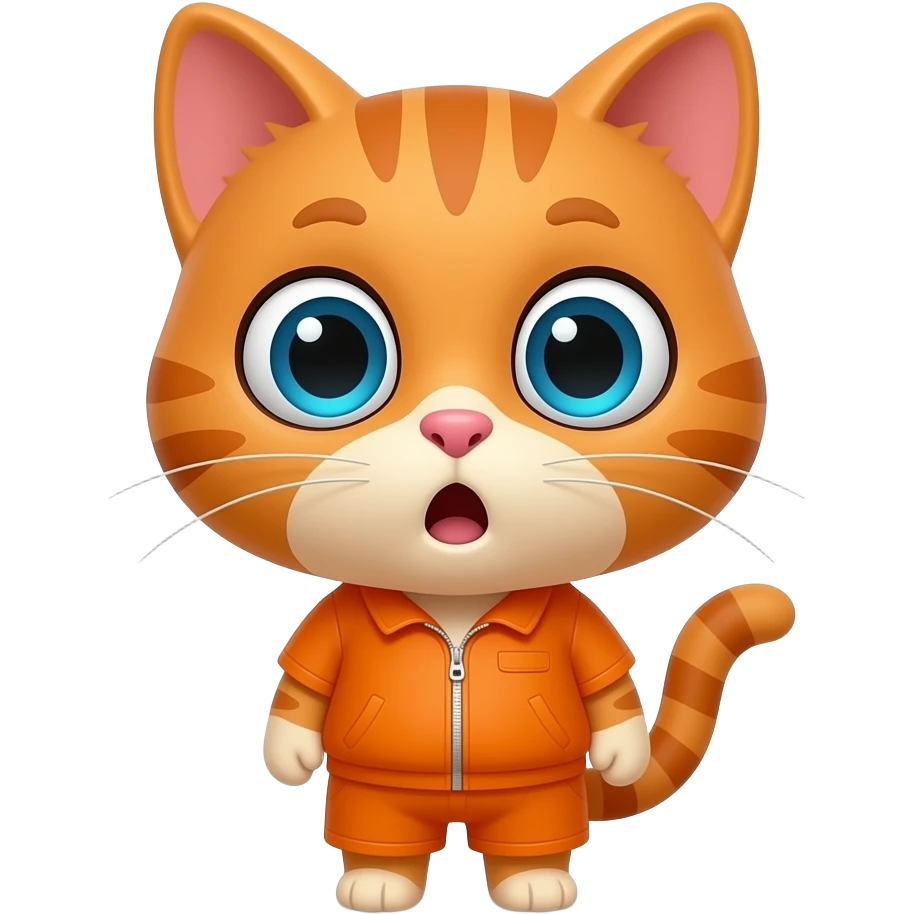 A little orange cat shaped like a little human, dressed all in orange, looking at us with a very surprised expression. emoji