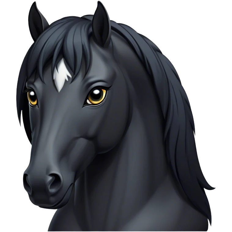 Cinematic Noble Black Horse Portrait Emoji, Poised and regal, with a strong, athletic build and a sleek, well-groomed jet-black fur, deep-set soulful dark eyes, Simplified yet sharp and sophisticated features, highly detailed, glowing with a soft, dignified glow, high shine, intelligent and commanding, stylized with an air of mysterious grace, focused and attentive, soft glowing outline, capturing the essence of a watchful and confident steed, so majestic it feels as though it could gallop out of the screen with effortless authority! emoji