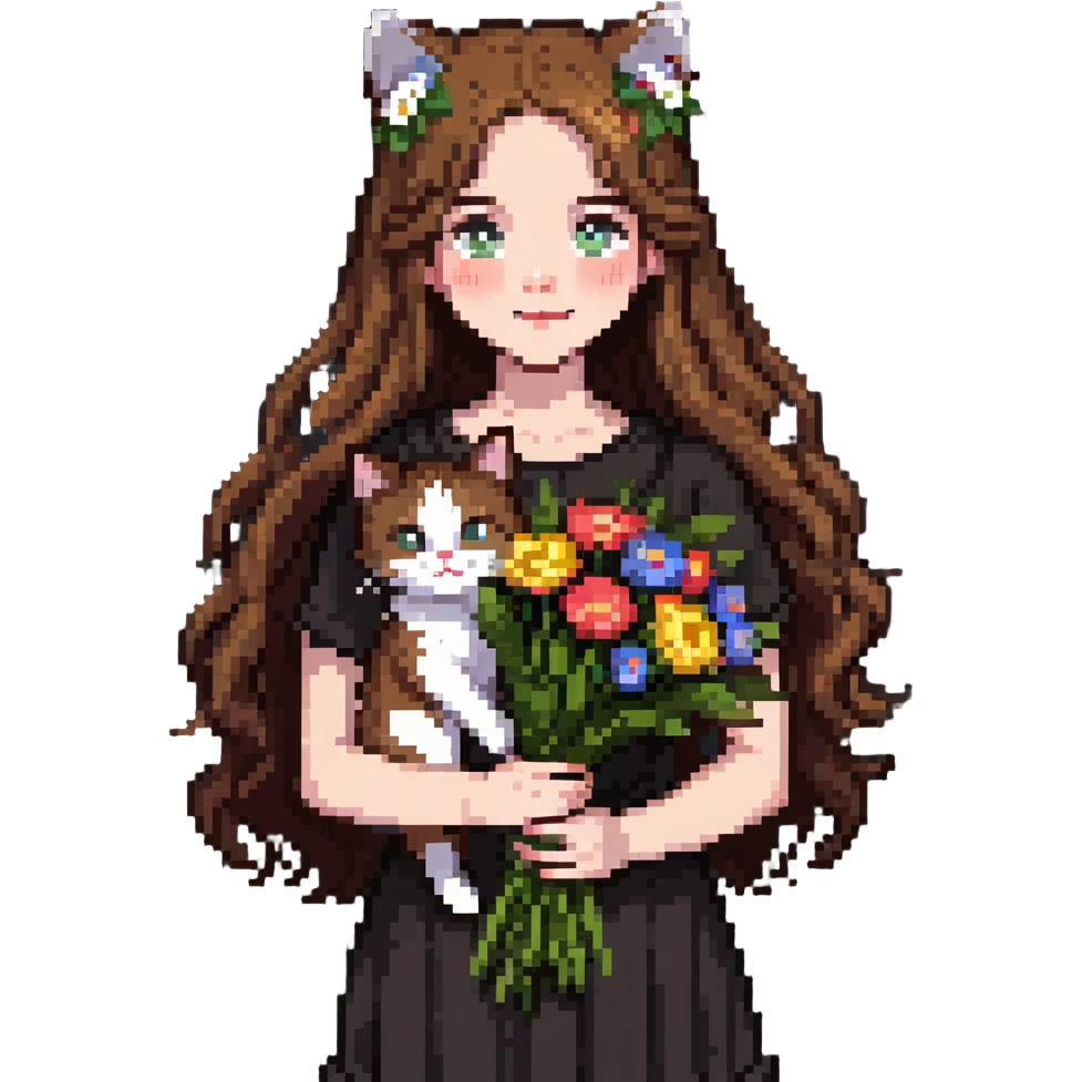 A cool girl with long brown hair and fair skin tilts her head and holds a bouquet of flowers and a cat emoji