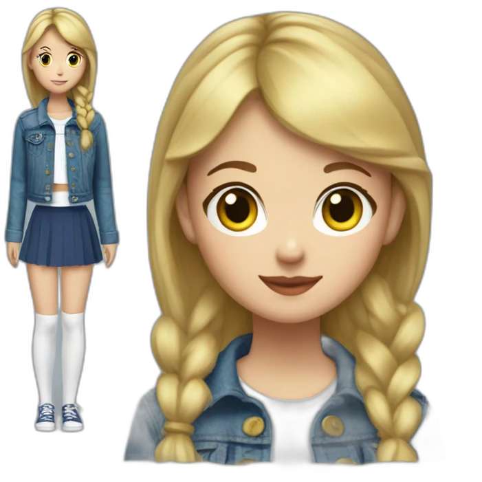 Blonde girl with bang and short pony tail, in blue denim jacket, white T-shirt, green tights and elongated blue chiffon skirt emoji