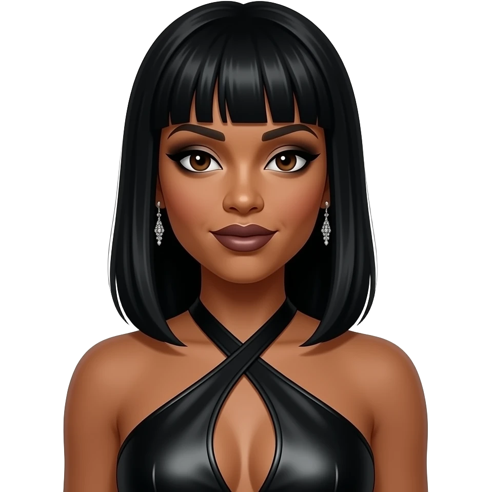 LeToya Luckett from Destiny's Child with dark brown eyes, long black shoulder length bang hair, black eyeshadow and lipstick, black metallic halter dress, earrings emoji