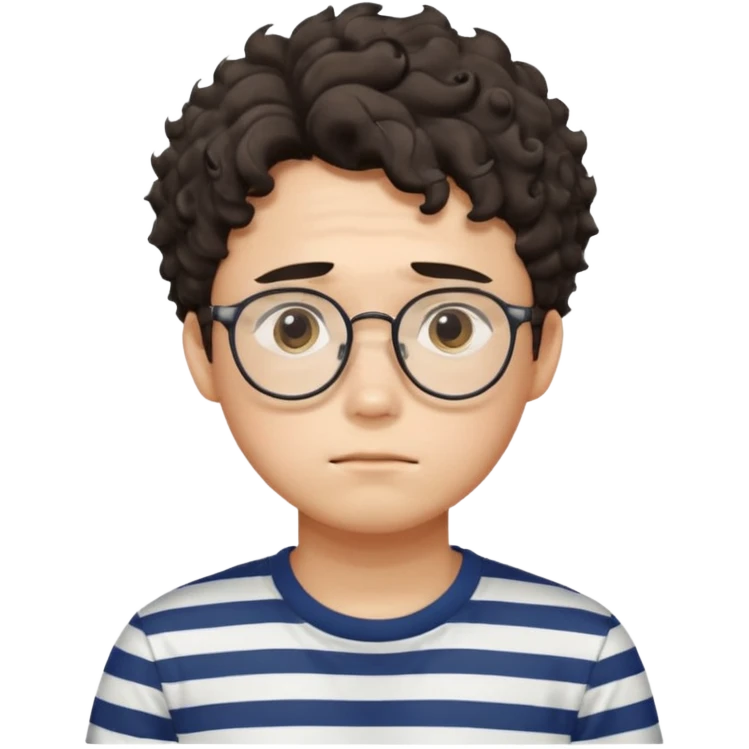  Korean male college student with a worried face , glasses with a bit curly hair, stripe t-shirt emoji