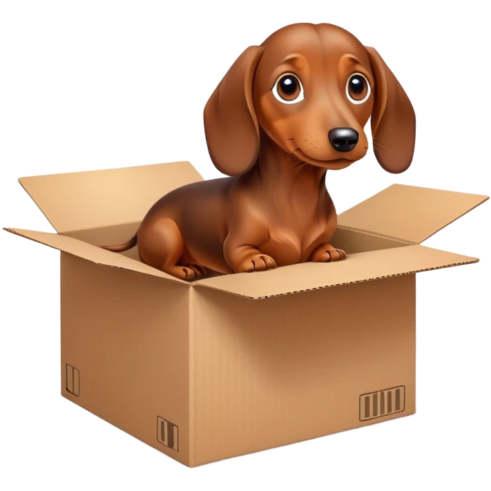  A very cute young Dachshund  with one's head tilted to one side poked its paws out of the cardboard big box and placed them on top of it emoji