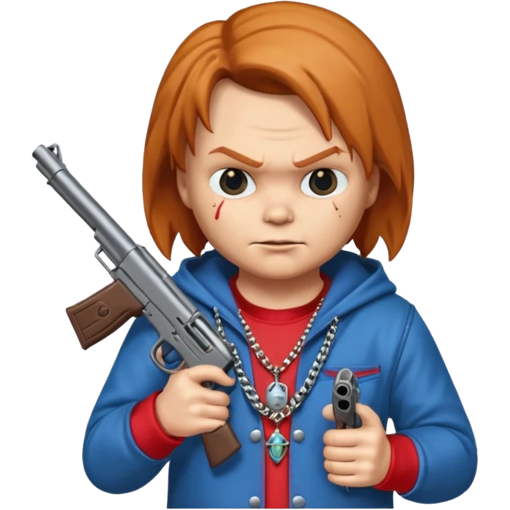 Chuky con pistola encapuchado y con collares emoji