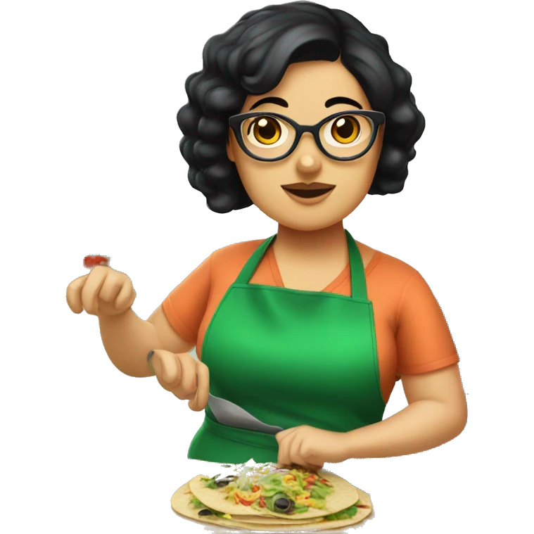chubby lady with black hair green apron  with glasses cooking tacos emoji