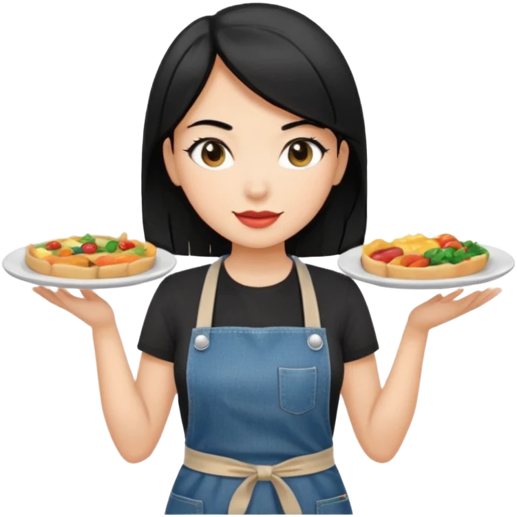 waitress with black hair and a food plate with a black tshirt and ª jeans apron emoji