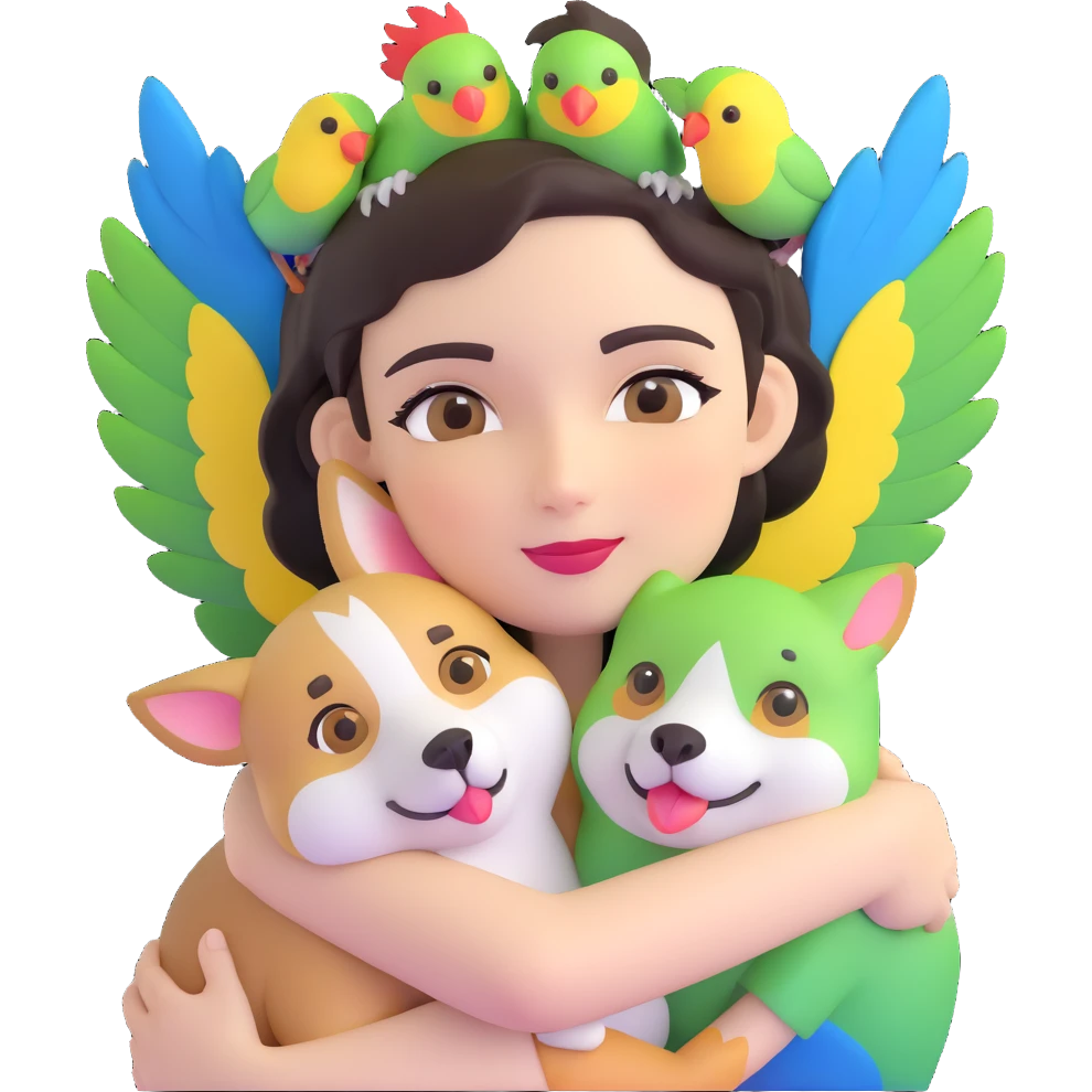 Dark short hair, dark brown eyes with pale skin and thin eyebrows girl hugging a welsh corgi. And a green-reddish lovebird on her head with yellow, blue love birds around her. emoji