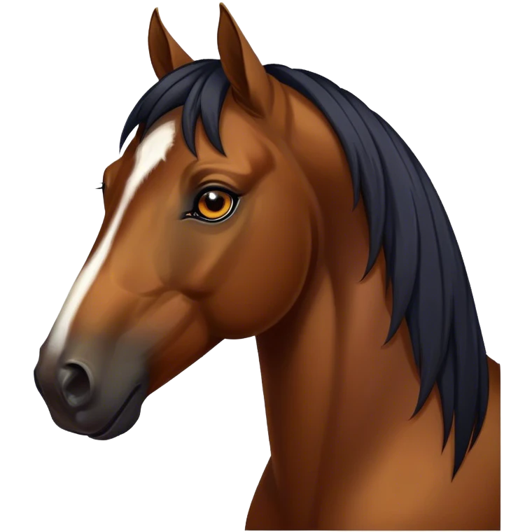 Cinematic Noble Bay Horse Portrait Emoji, Poised and regal, with a strong, athletic build and a rich, well-groomed bay fur accented by a dark mane and tail, deep-set soulful amber eyes, Simplified yet sharp and sophisticated features, highly detailed, glowing with a warm, dignified glow, high shine, intelligent and majestic, stylized with an air of equine elegance, focused and attentive, soft glowing outline, capturing the essence of a watchful and confident steed, so majestic it feels as though it could gallop out of the screen with effortless authority! emoji