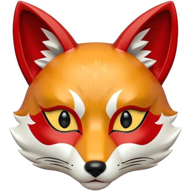 a japanese kitsune fox mask, smooth matte plastic surface, soft gradient lighting, white base with red and gold face markings, small triangular fox ears, calm and mysterious expression emoji