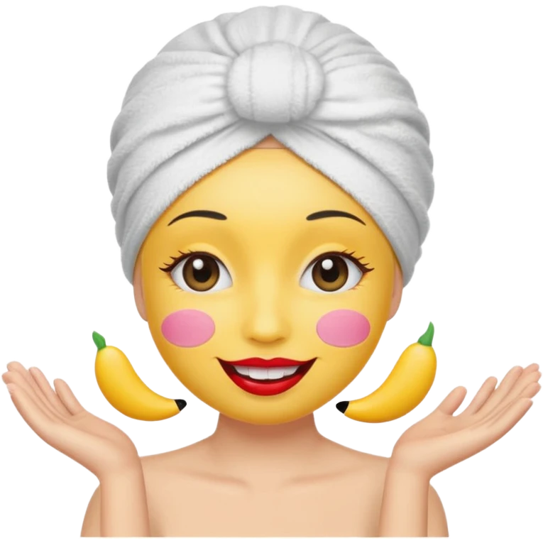 classic yellow smiley emoji face with big smile, eyelashes, blush on cheeks, wearing a white towel turban, lipstick floating next to the face emoji