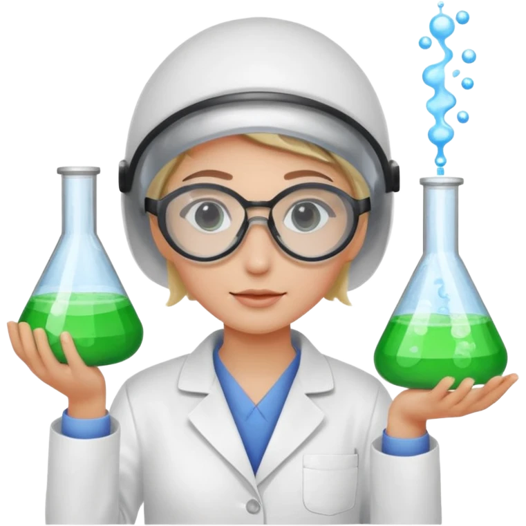 A person wearing safety goggles and a white coat is experimenting with chemicals. emoji