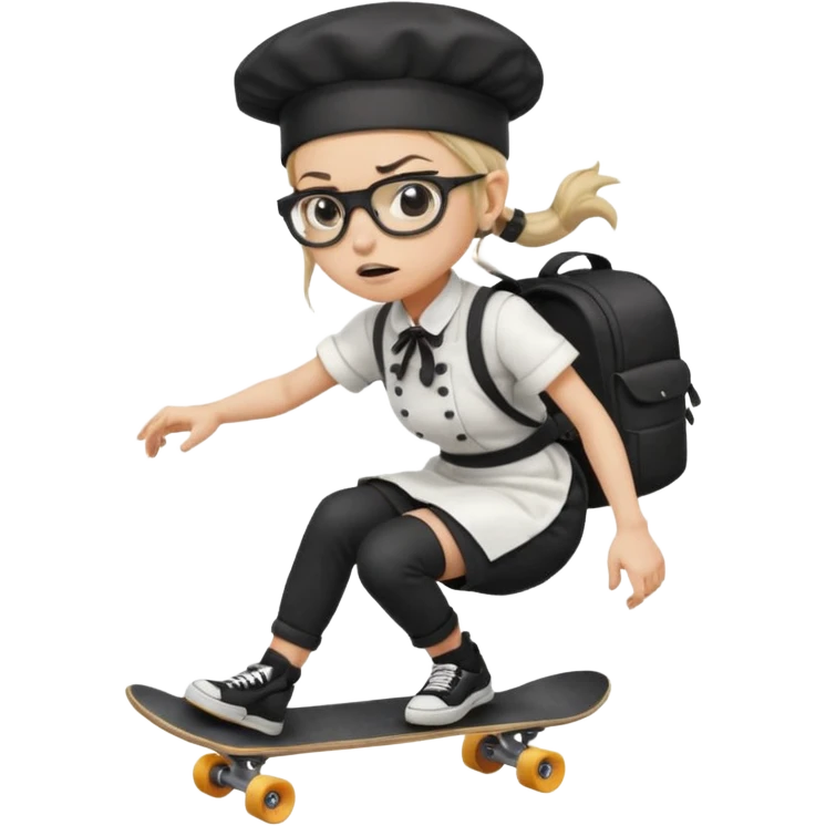 ["An angry woman with light skin, ponytail, wearing a chef hat and square glasses, dressed in goth fashion, is skateboarding while holding a backpack."] emoji