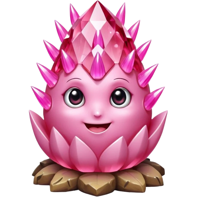 A single cute pink crystal cluster character, chunky round base with many tall rose-pink crystal spikes growing upward like a quartz cluster, faceted and slightly imperfect, on the front of the base a kawaii face with big shiny eyes and a happy open smile emoji