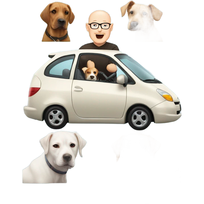 A bald man in his 50s driving a Prius filled with a bunch of dogs sticking their heads out of the windows emoji