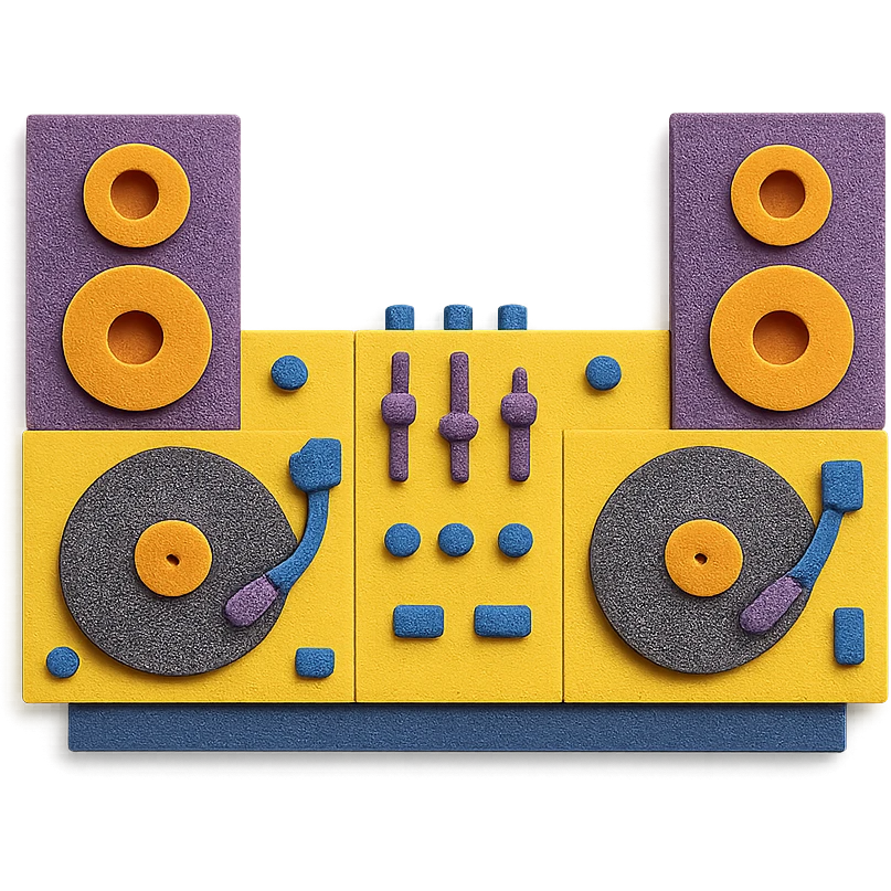DJ setup with turntables, mixer, and speakers, colorful layered paper look emoji