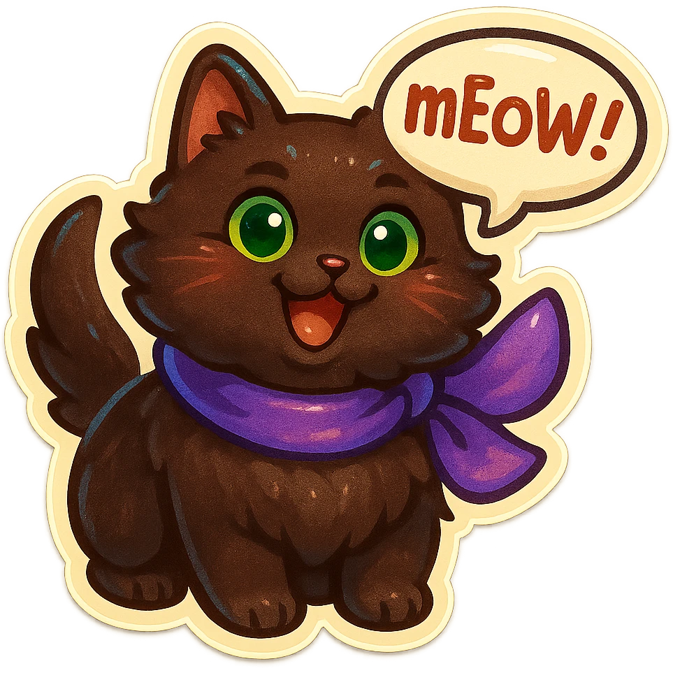 Fluffy cute silly smiling happy dark-brown cat with green eyes and a purple scarf saying ‘mEoW~!’ (With a speech bubble) emoji