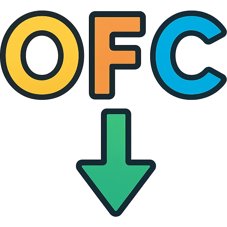 Letters OFC with a downward arrow underneath, each letter in a different bright color emoji