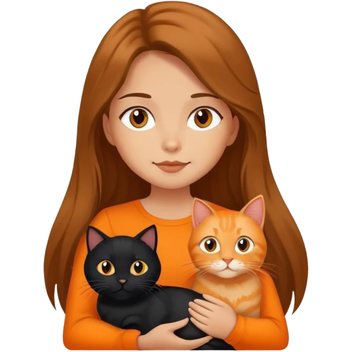 A long-haired girl holding a black cat and an orange cat emoji
