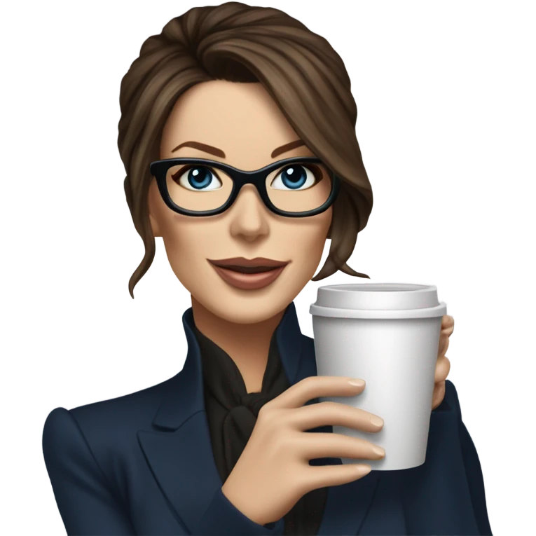 Hyper Realistic Kate Beckinsale dark blue eyes wearing glasses in a business dress drinking coffee happy  emoji