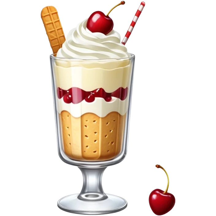 A tall glass parfait with vanilla ice cream, whipped cream, red cherry on top, and biscuit sticks, served in a retro kissaten glass. emoji