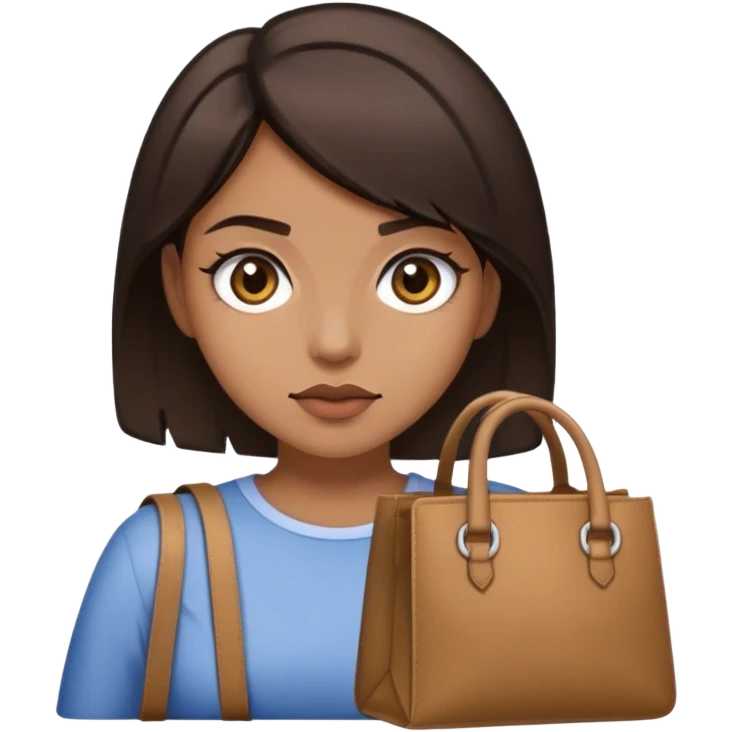 lady with short, slightly messy dark brown hair, sharp eyes, bags emoji