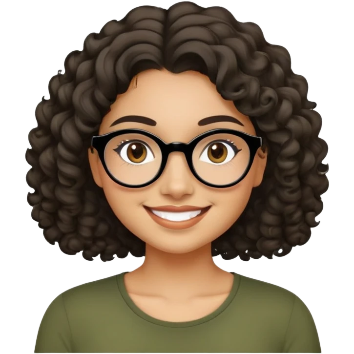 Young Latina woman with light tan skin. Round friendly face with dimples when smiling. Dark brown eyes behind black-framed glasses. Thick arched eyebrows. Shoulder-length curly voluminous hair. Big smile. Wearing an olive green top. emoji