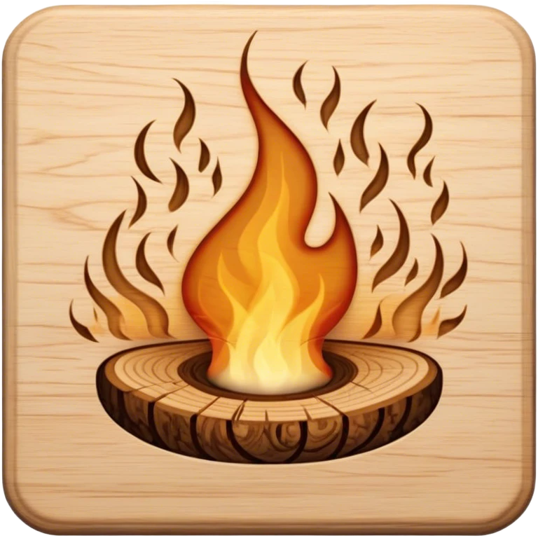 Pyrography icon, piece of wood with half-burned intricate patterns, pyrography tool emitting heat, visible burn marks and ongoing design process, smoke rising from the wood, wood texture, minimalistic style, clean lines, transparent background. emoji