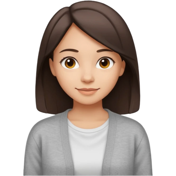 The girl has straight medium-length dqrk brown hair, light skin, wearing a white t-shirt and gray cardigan. Gentle smile, friendly neutral expression emoji