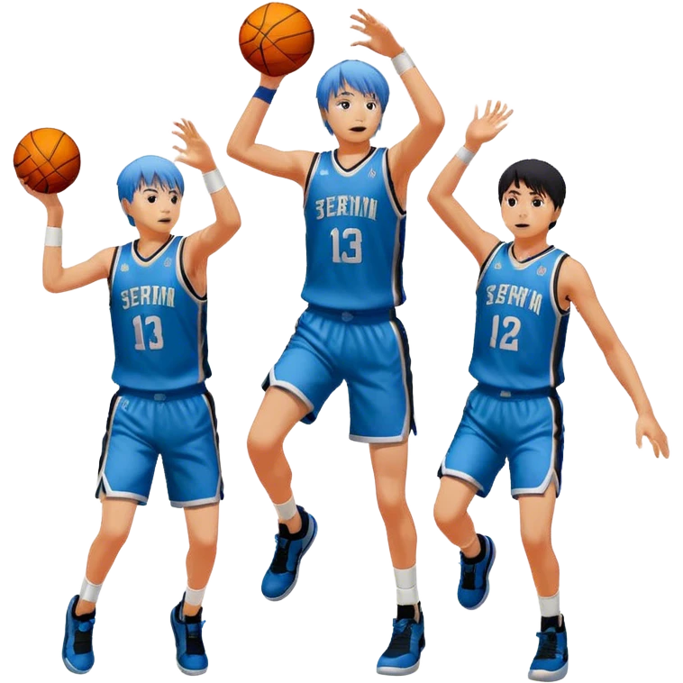Icon for Kuroko no Basuke: Kuroko Tetsuya with his basketball, surrounded by the Seirin High team and vibrant action scenes on the court. The design should capture the intensity and athleticism of the anime with dynamic poses and energy. Transparent background. emoji